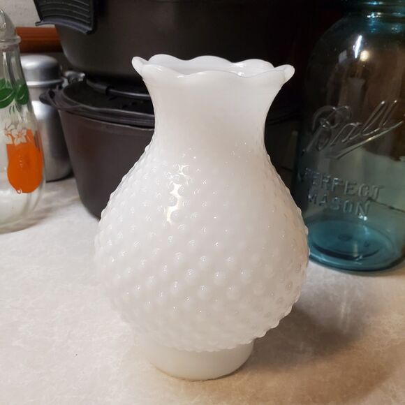 Vintage Milk Glass Hobnail Hurricane Light Globe Scalloped Edge - Picture 9 of 9